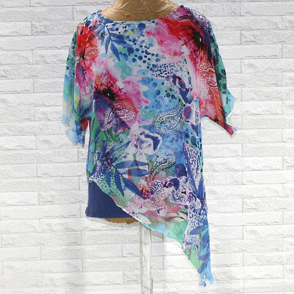 CHICO'S Top Sheer Floral Asymmetrical Overlay Blouse Layered Chico's Blue Small